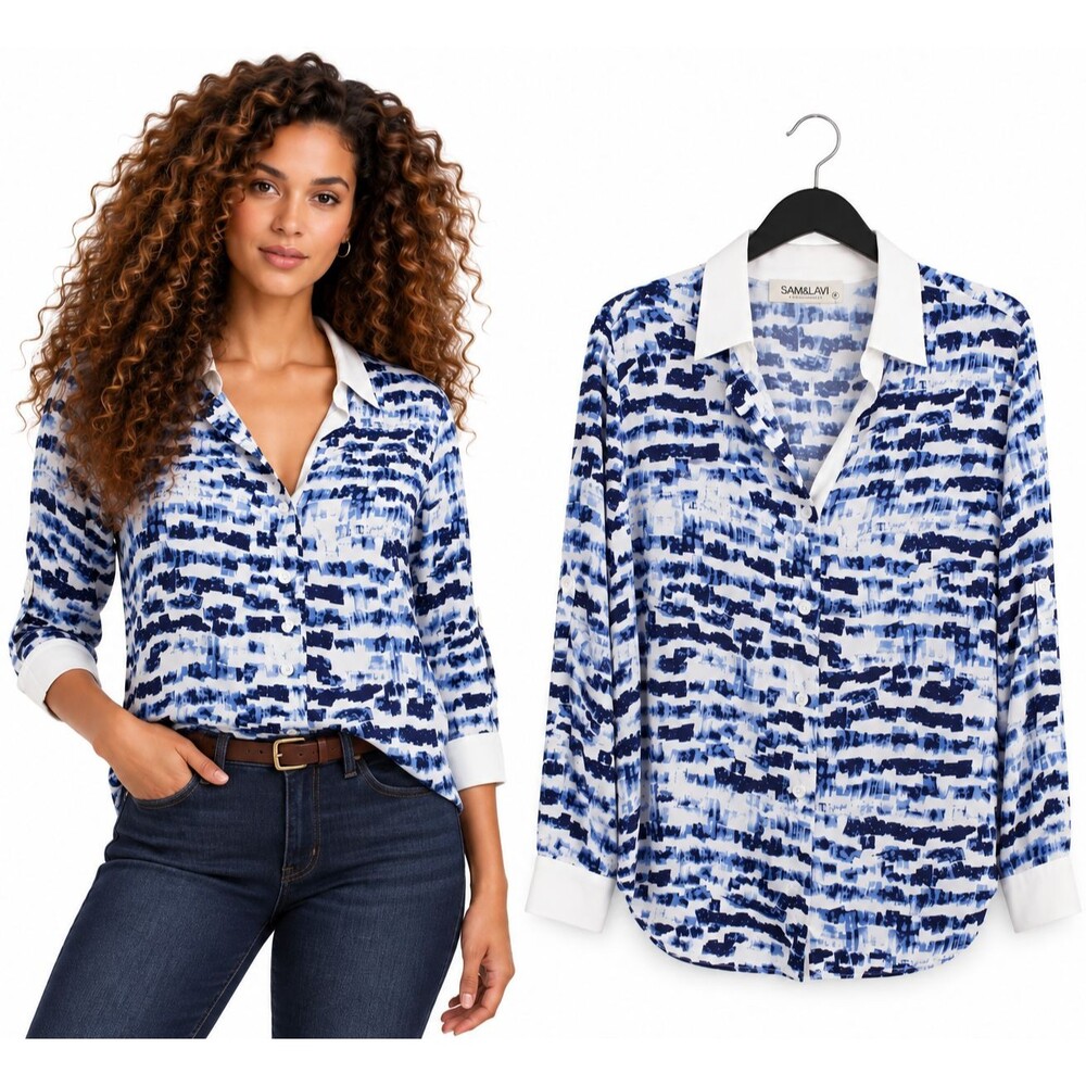 Sam & Lavi M Blue White Abstract Print Rayon Button Down Shirt Made USA